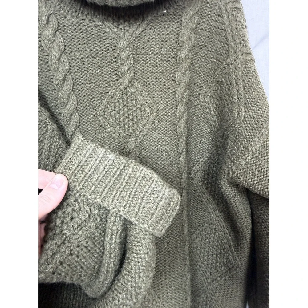 VTG Hand Knit Shetland Wool Cable Knit Turtleneck Sweater Womens M‎ Green Chunky